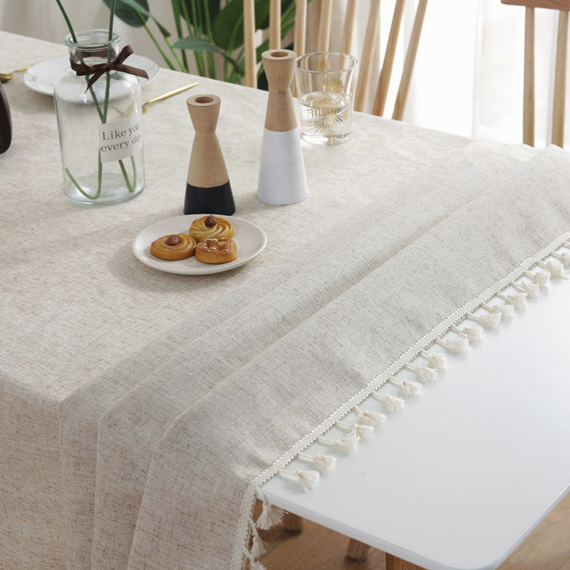 Obrus bawełniano-lniany z frędzlami, beżowy, prostokątny lub okrągły, na stół w kuchni i jadalni, od 60 × 60 do 140 × 300 cm