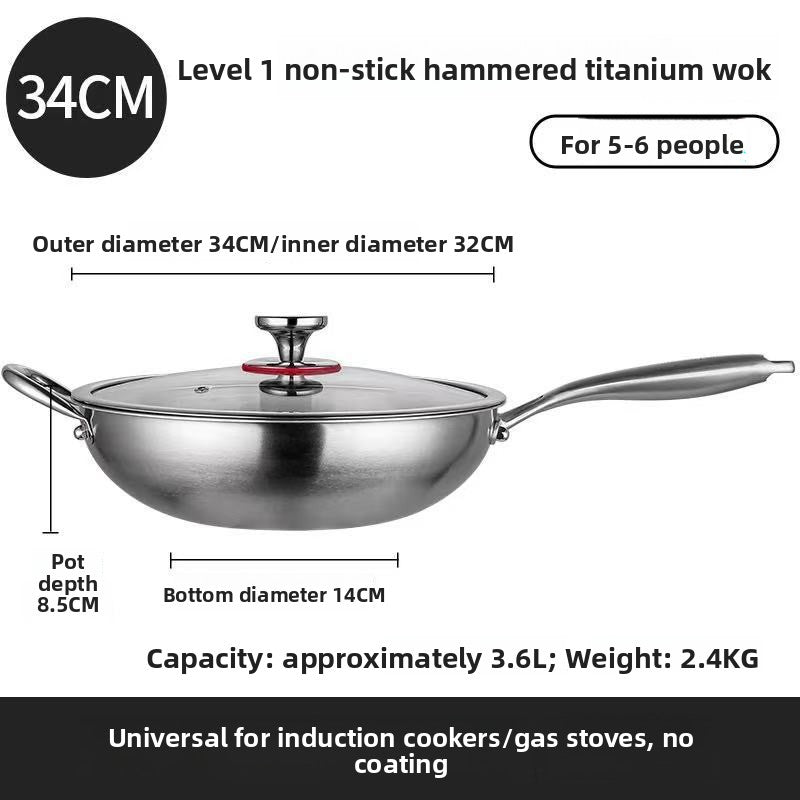 Wok tytanowy bez powłoki z młotkowaną fakturą i trójwarstwowym dnem, do kuchenki gazowej, 32–36 cm, z pokrywką lub bez