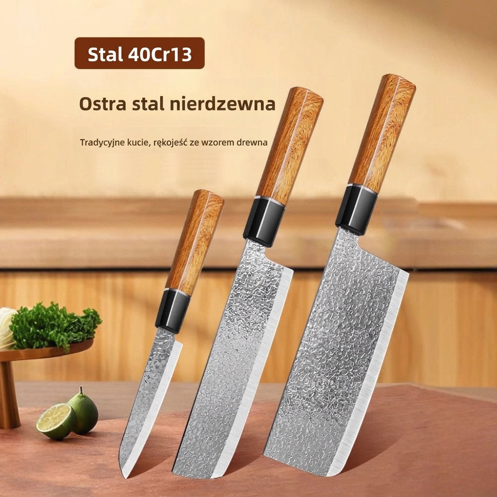 Trzy noże ze stali 40Cr13 z rękojeścią ze wzorem drewna