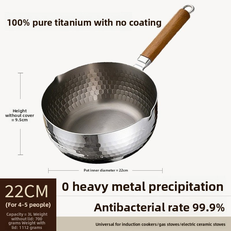 Rondelek tytanowy z młotkowaną fakturą i drewnianą rączką, do mleka i zup, 16–22 cm, opcjonalnie z pokrywką i wkładem do parowania
