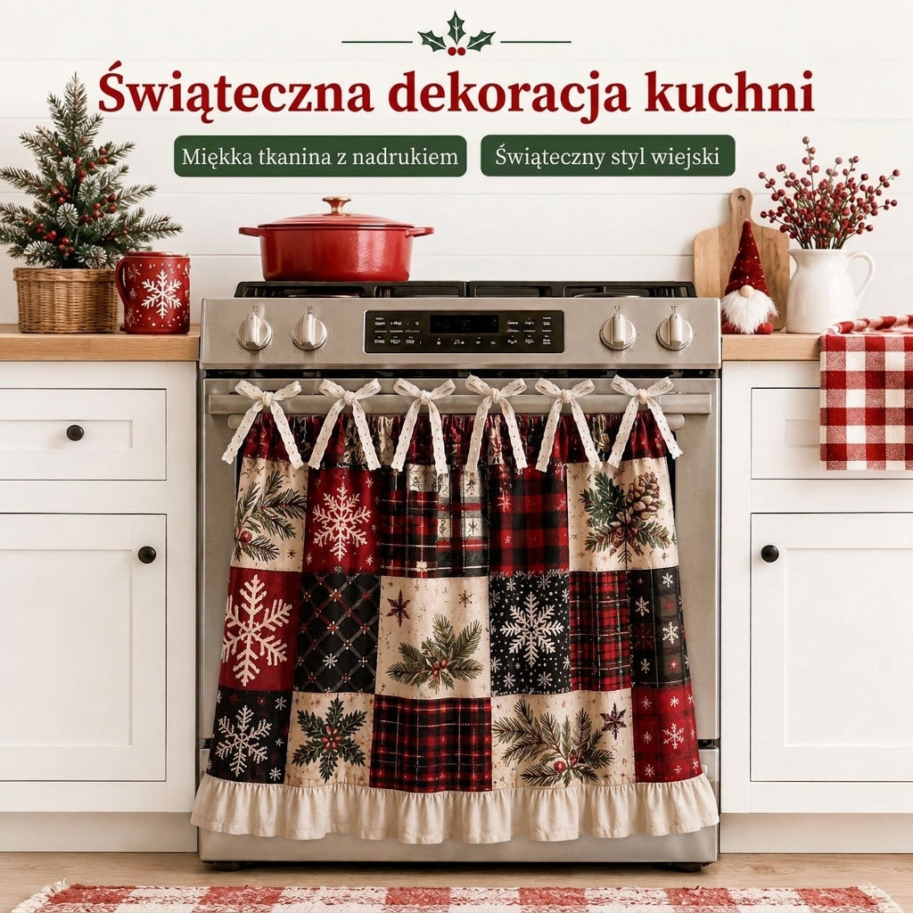 Zasłonka patchwork na piekarniku w świątecznej kuchni