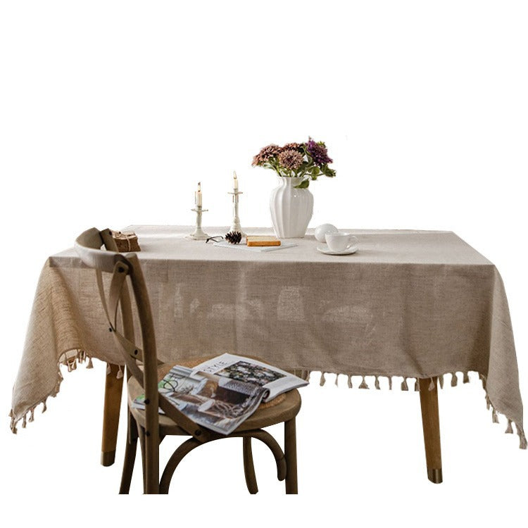 Obrus bawełniano-lniany z frędzlami, beżowy, prostokątny lub okrągły, na stół w kuchni i jadalni, od 60 × 60 do 140 × 300 cm