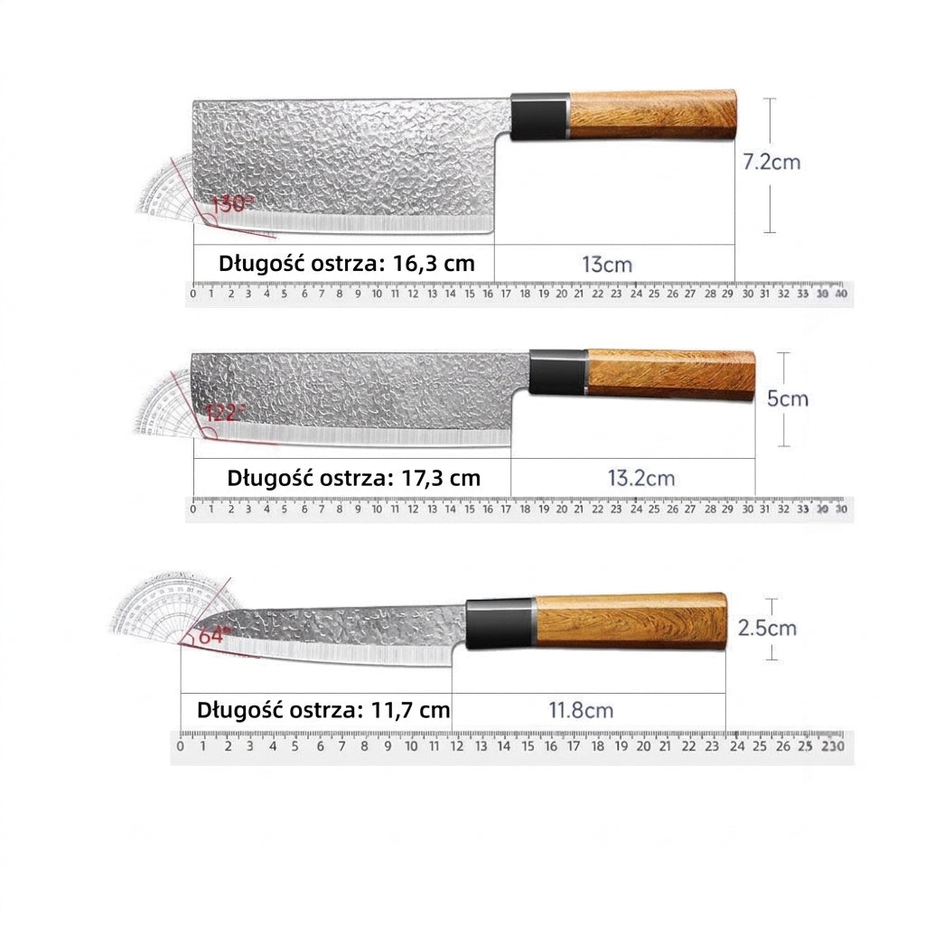 Wymiary trzech noży: długość ostrza 16,3 cm, 17,3 cm i 11,7 cm