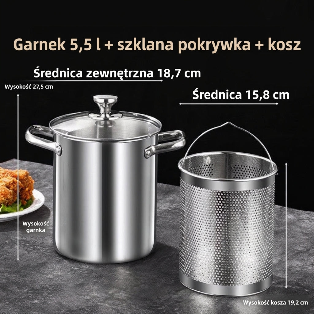 Garnek 5,5 l z pokrywką i koszem, wymiary