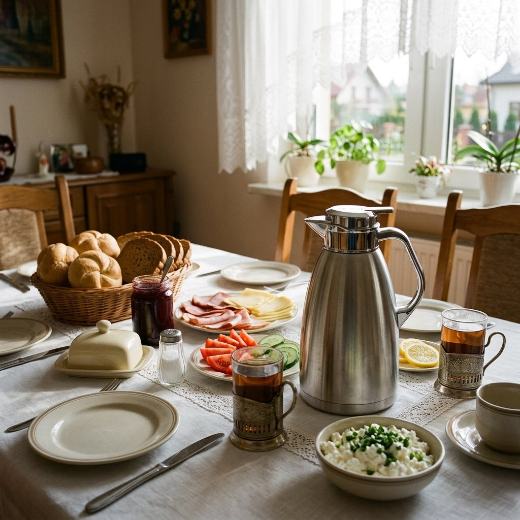 Dzbanek termiczny na stole nakrytym do śniadania