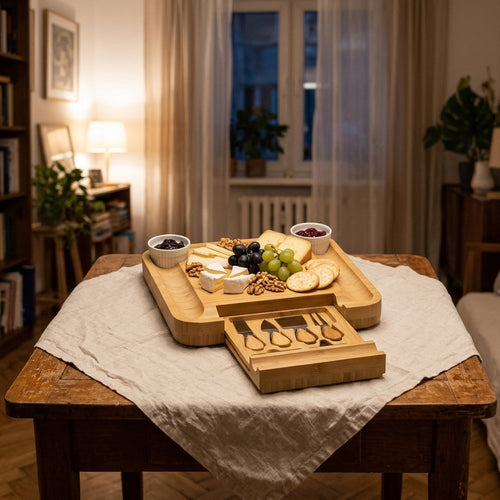 Bambusowa deska do serów z serami i owocami na stole w salonie