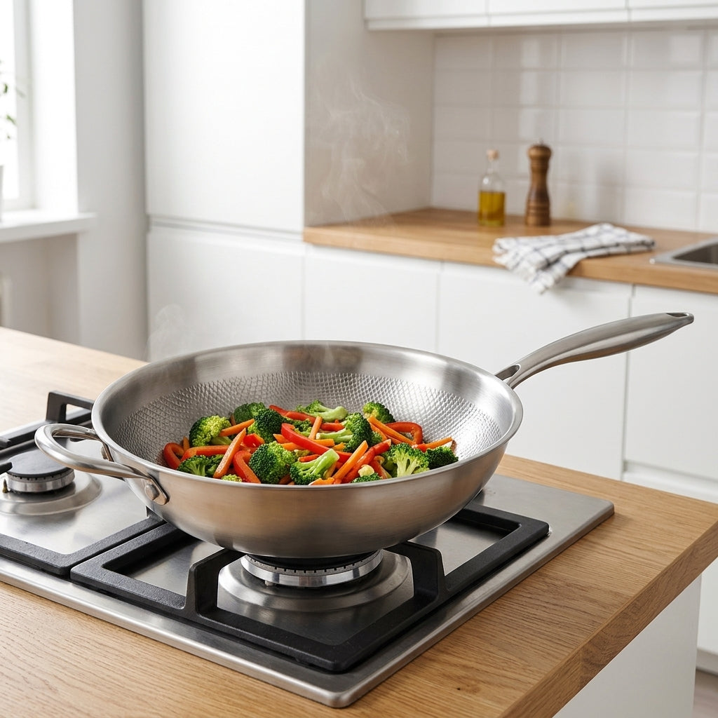 Wok tytanowy na kuchence gazowej z warzywami stir-fry