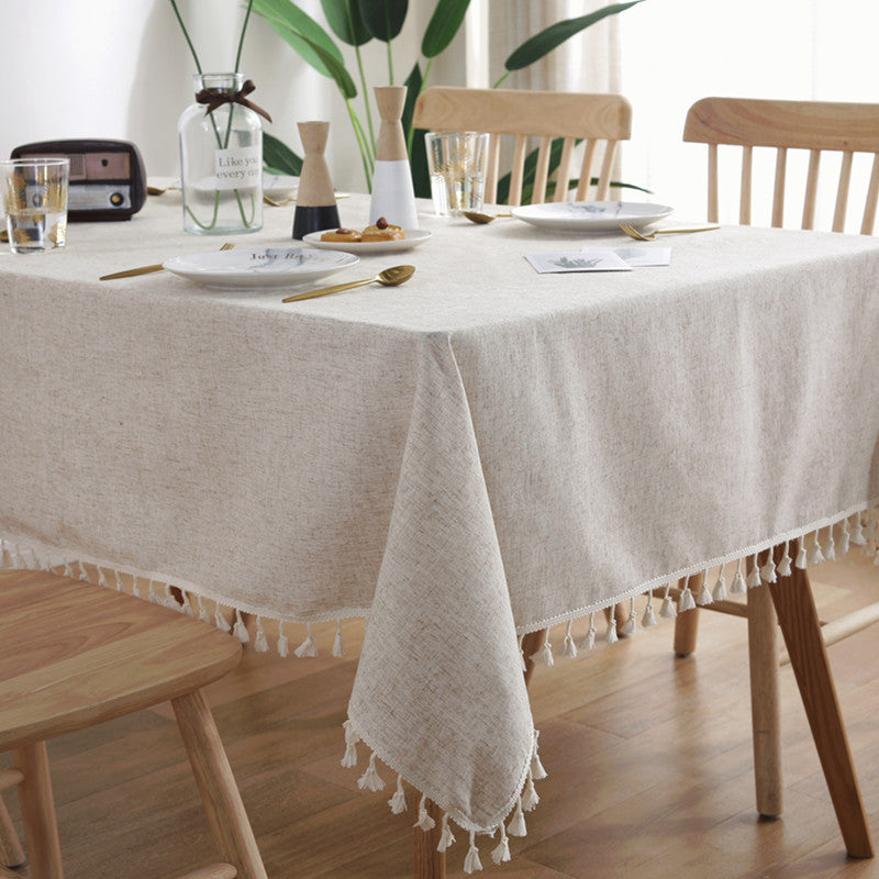 Obrus bawełniano-lniany z frędzlami, beżowy, prostokątny lub okrągły, na stół w kuchni i jadalni, od 60 × 60 do 140 × 300 cm