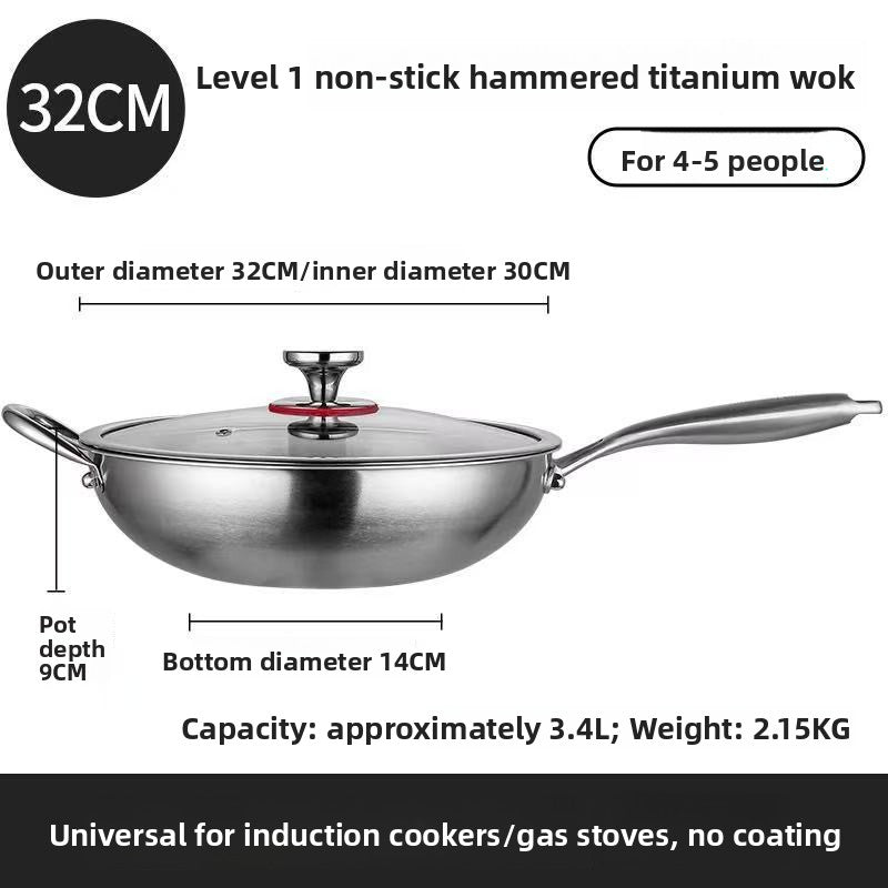 Wok tytanowy bez powłoki z młotkowaną fakturą i trójwarstwowym dnem, do kuchenki gazowej, 32–36 cm, z pokrywką lub bez