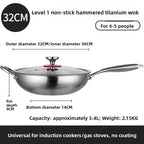 Wok tytanowy bez powłoki z młotkowaną fakturą i trójwarstwowym dnem, do kuchenki gazowej, 32–36 cm, z pokrywką lub bez