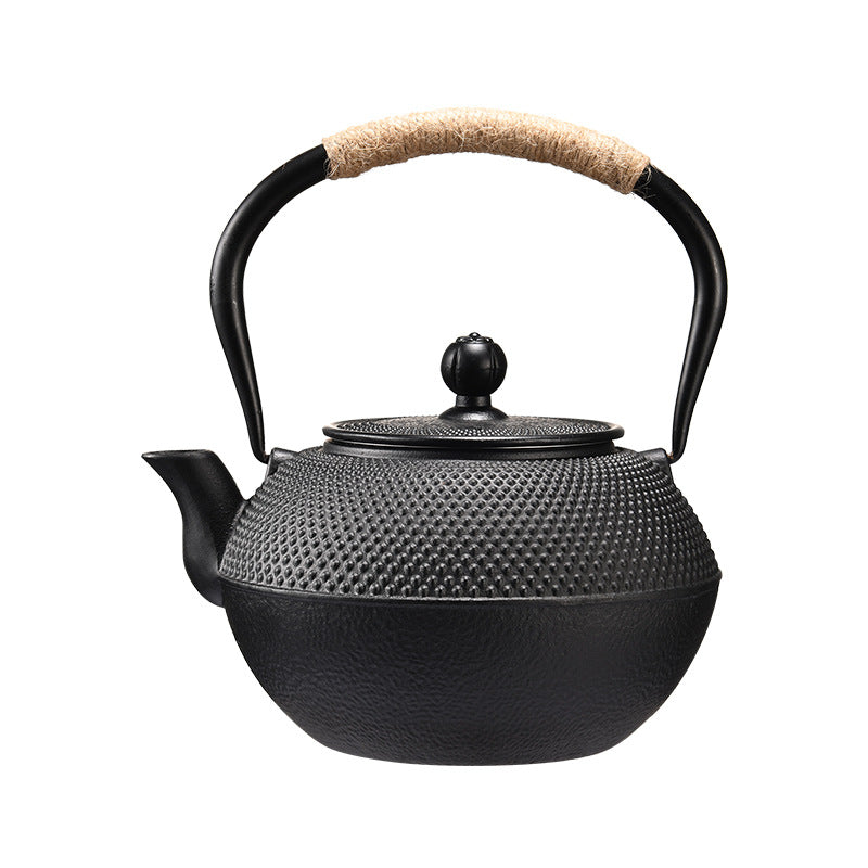 Żeliwny czajniczek do herbaty w stylu japońskim (tetsubin) z sitkiem, 300–1800 ml, czarny lub czarno-złoty, rączka owinięta sznurkiem