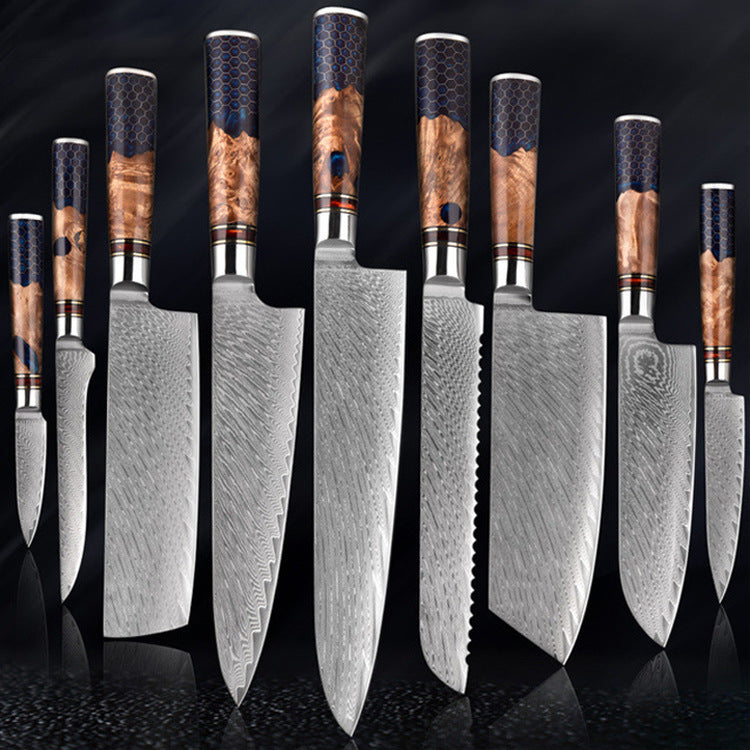 Nóż kuchenny ze stali damasceńskiej, rękojeść z żywicy i drewna, 9 rodzajów: szefa kuchni, santoku, do chleba, uniwersalny, do obierania