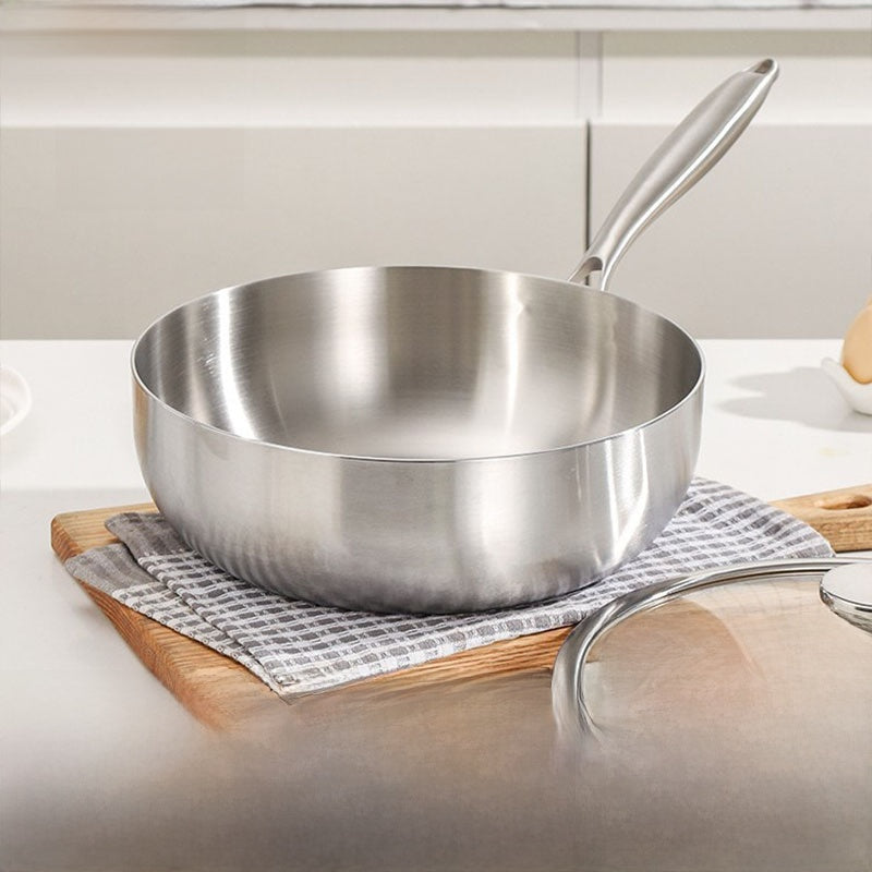 Wok ze stali nierdzewnej 304 bez powłoki, głęboki z płaskim dnem, na indukcję i gaz, ze szklaną pokrywką, 24–30 cm