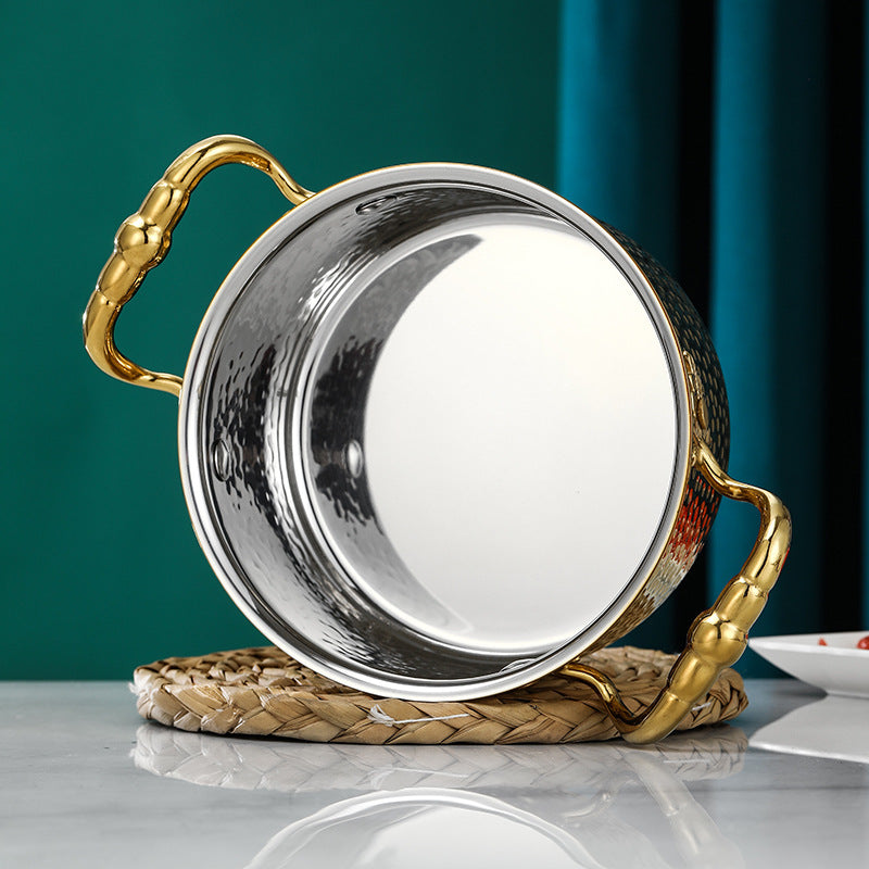 Garnek młotkowany ze stali nierdzewnej z pokrywką, trójwarstwowe dno, na indukcję i gaz, do zup, 16 cm, uchwyty do wyboru
