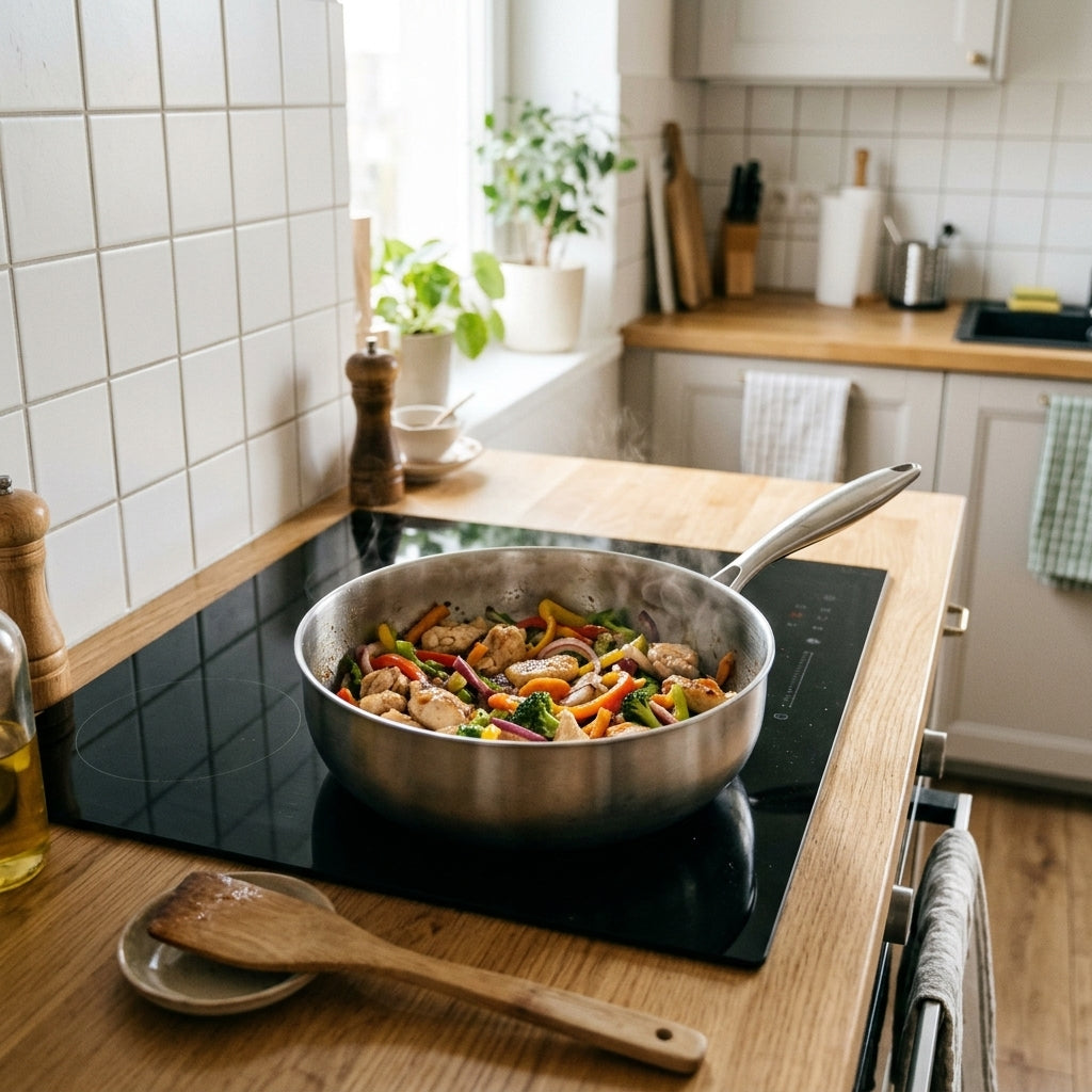 Wok stalowy na płycie indukcyjnej z kurczakiem i warzywami