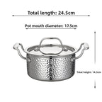 Garnek młotkowany ze stali nierdzewnej z pokrywką, trójwarstwowe dno, na indukcję i gaz, do zup, 16 cm, uchwyty do wyboru