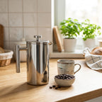 French press ze stali nierdzewnej na blacie w kuchni