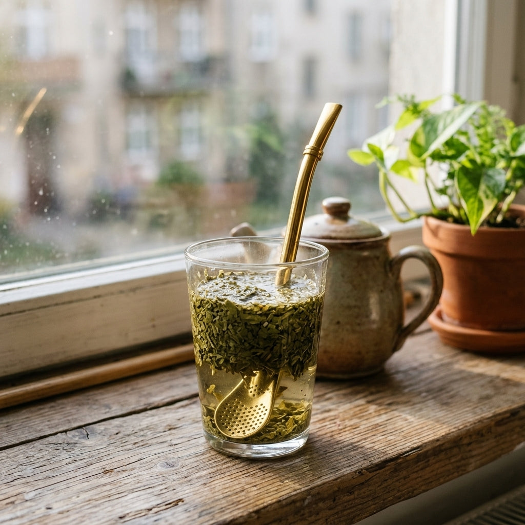 Złota słomka z sitkiem w szklance yerba mate na parapecie