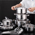 Zestaw garnków ze stali nierdzewnej, 15, 18 lub 35 elementów, stalowe pokrywki, dno jednowarstwowe lub trójwarstwowe, na indukcję i gaz